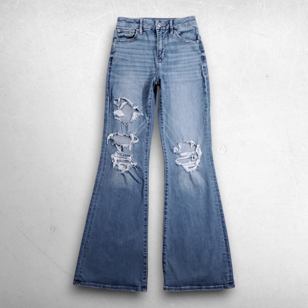 American Eagle Curvy Super High Rise Flare Jeans Women 0 Blue Stretch Boho Y2K